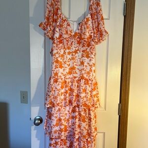 Floral Ruffle Tiered Dress in Orange and White